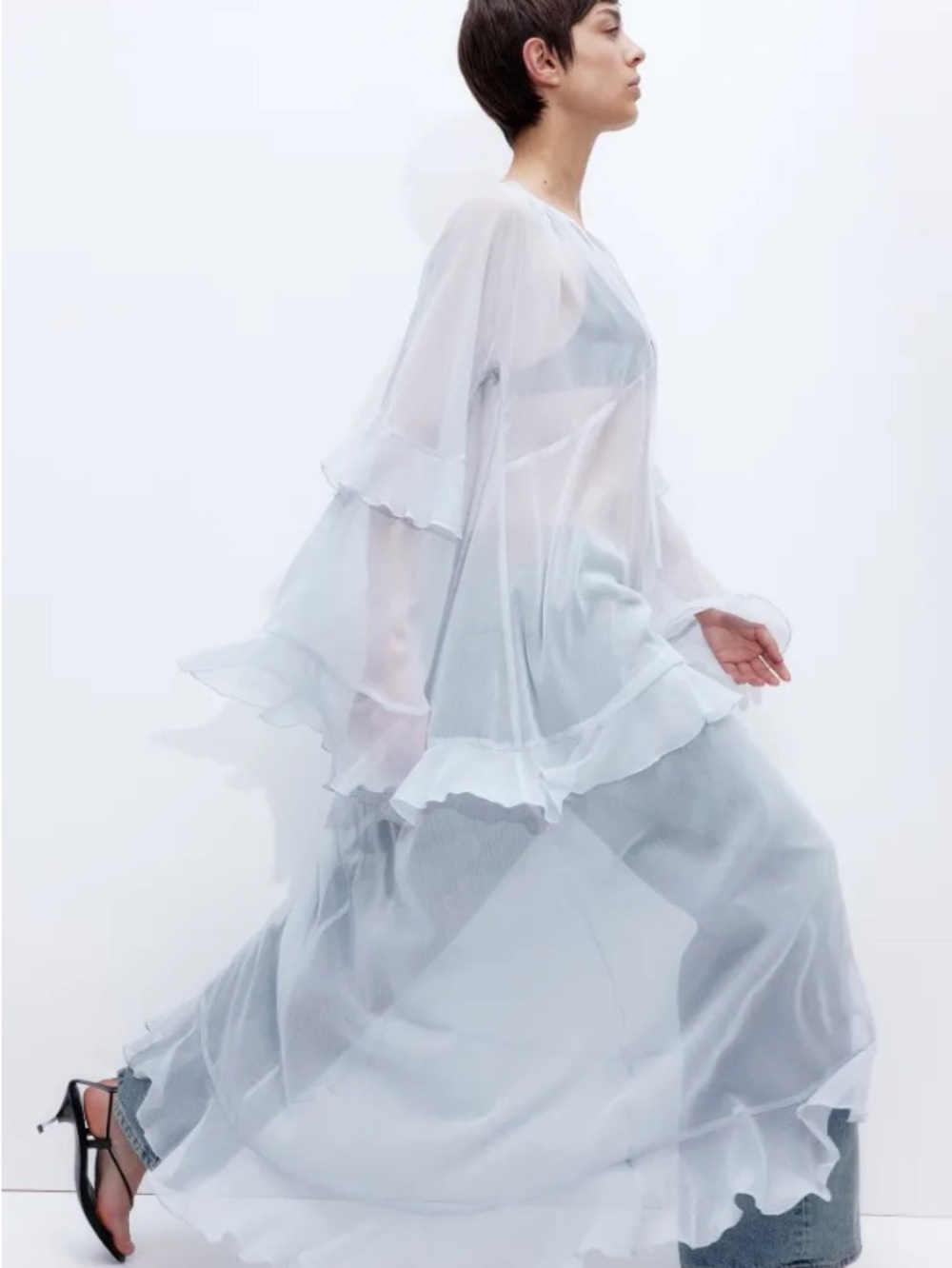 H&M Light blue  Sheer Tiered Maxi Dress with Ruffled Bell Sleeves